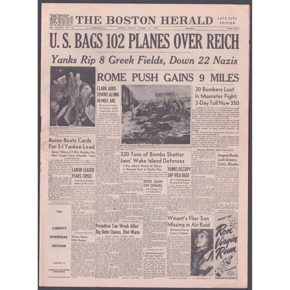Boston Herald Oct 11 1943 Liberty Overseas Edition WWII Newspaper Jordan Marsh